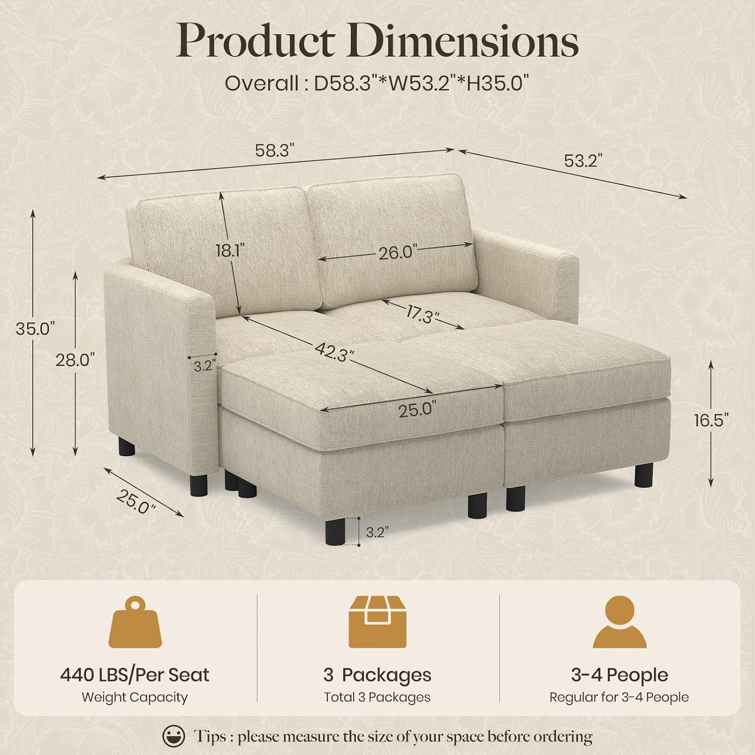 Belffin 58.3' Modular Sectional Sofa 4 Seats Sleeper Sofa Washable Sectional Couches for Living Room Comfy Couches with Storage Seat Couch Sofas with Chaise,Beige