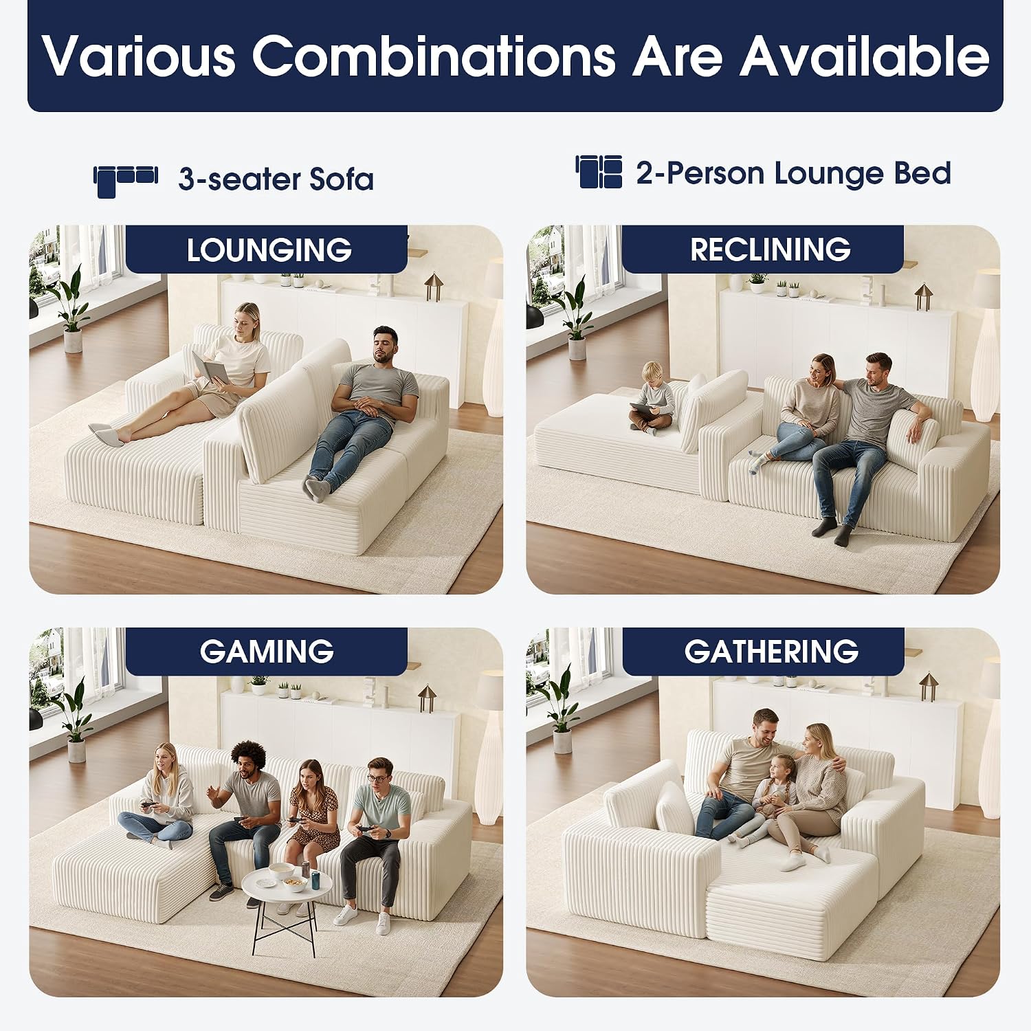 KINGYES 107'' Modular Sectional Sofa, L Shaped Cloud Couch for Living Room, Modern Boneless Sofa with Chaise for Bedroom, Beige