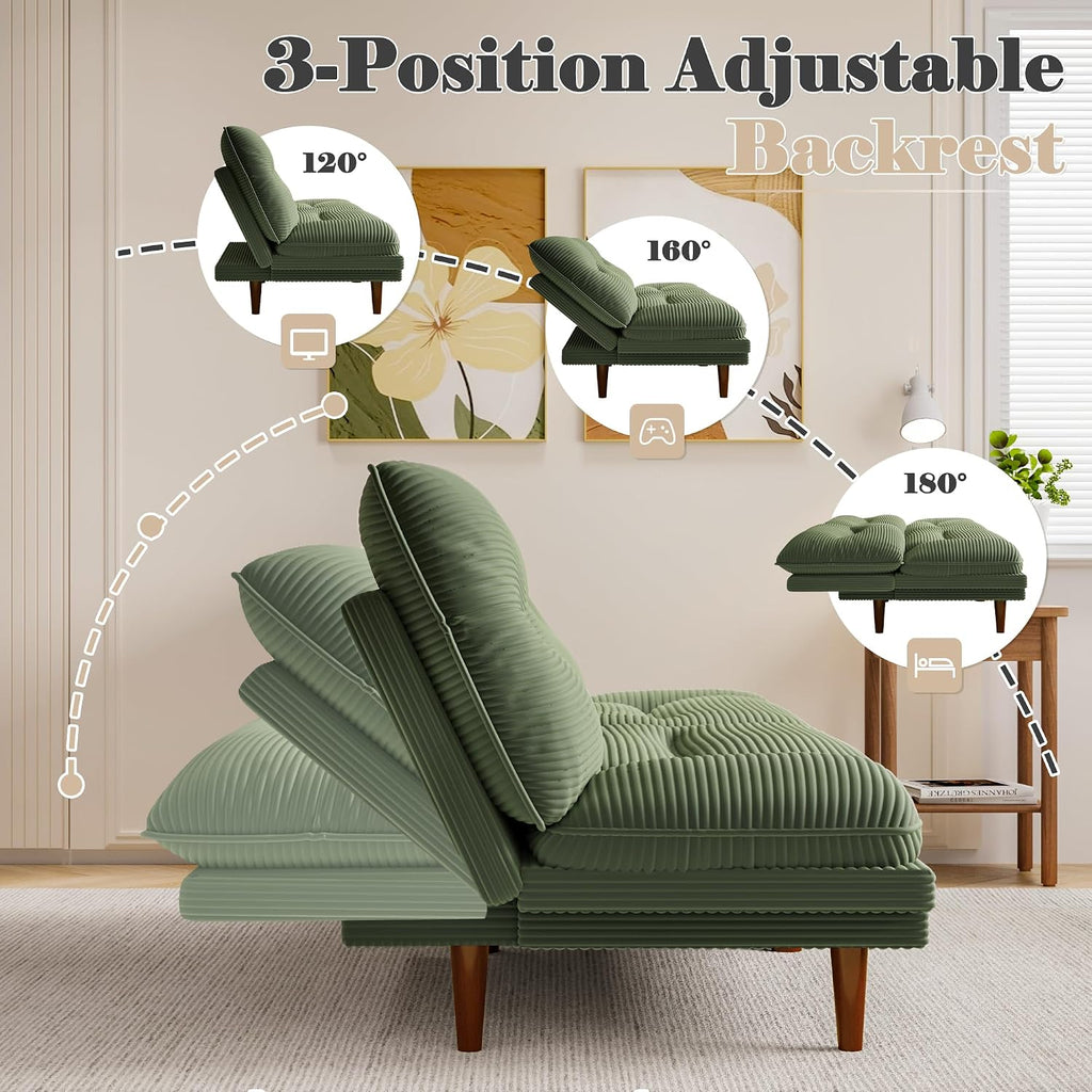 Homall Futon Sofa Bed, Modern Loveseat Futon Couch with Adjustable Backrest and Armrests, Sleeper Sofa Bed with Wood Frame for Living Room, Office, Apartment (Corduroy, Green)