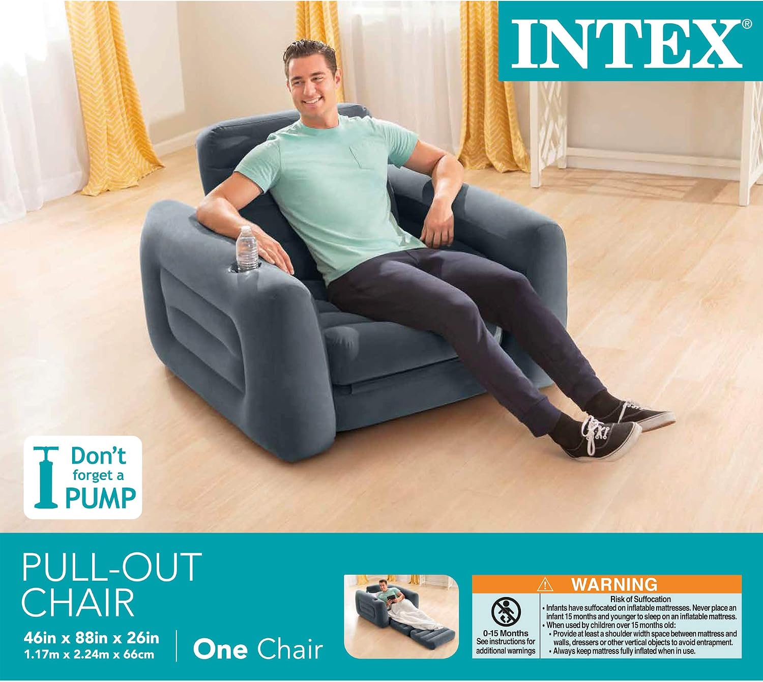 Intex 2 in 1 Inflatable Pull Out Sofa Chair and Twin Air Bed Mattress with Cup Holders for Indoor and Outdoor Use for Adults (3 Pack), Charcoal