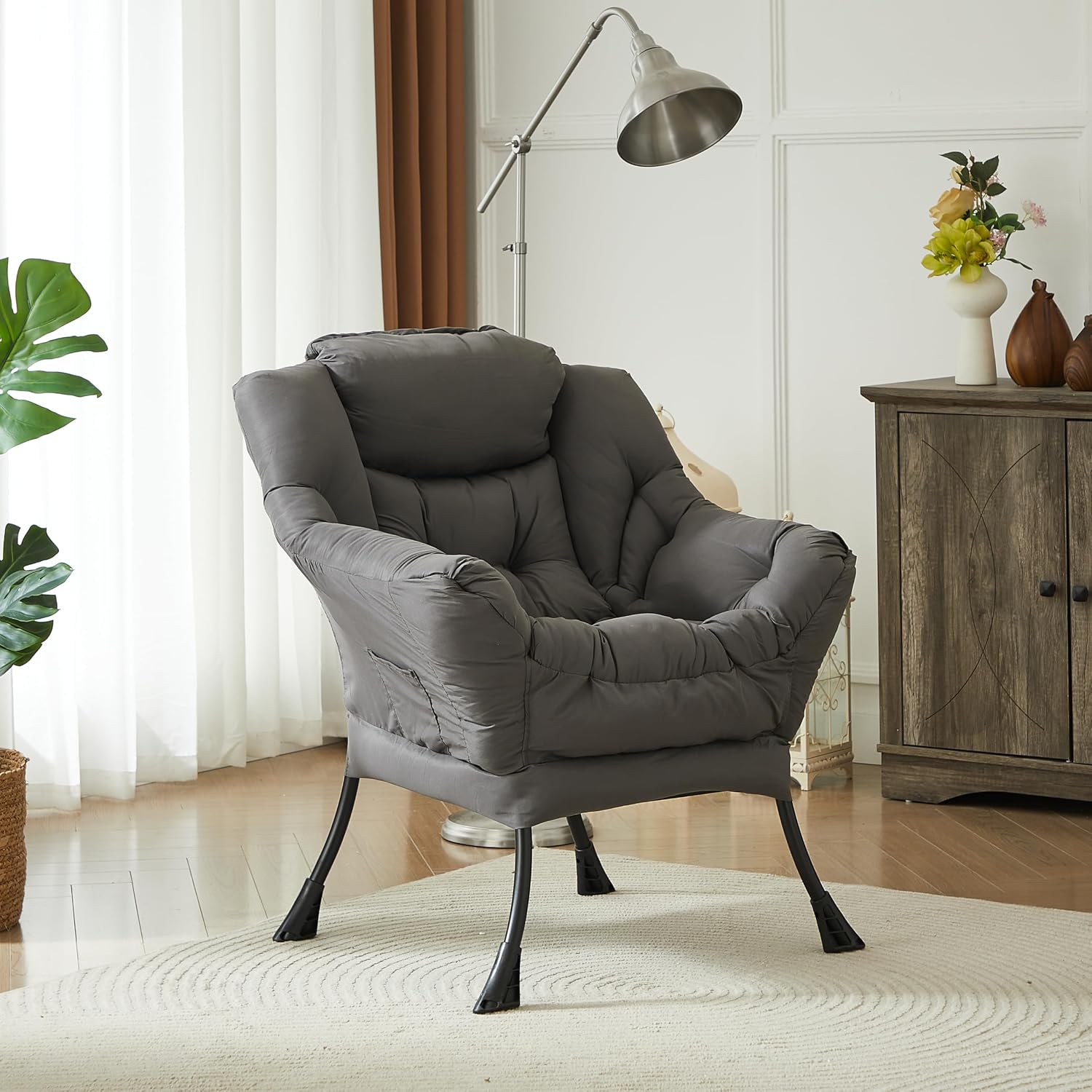 HollyHOME Lazy Chair with Armrest and Side Pocket, Comfy Accent Lounge Chair,Leisure Sofa Armchair for Living Room, Bedroom, Dorm, or Small Spaces, Oversized Reading Sofa Chair,Dark Grey