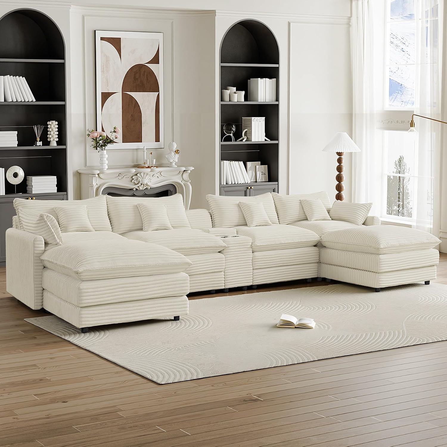 145'' U-Shaped Cloud Sofa, Beige Modular Sofa Suitable for Living Rooms Extra Large Comfortable and Fluffy Corduroy Sofa and Features USB Ports and Storage Ideal for Pet-Owning Families with Children