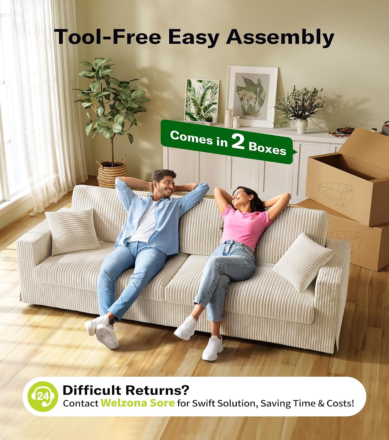 Welzona Corduroy Sofa Couch, 101' Comfy Couches for Living Room, Beige | 24' Extra Deep Seat, Tool-Free Sofas, All-Wood Loveseat, 2 Pillows Included, 850lbs Load-bearing