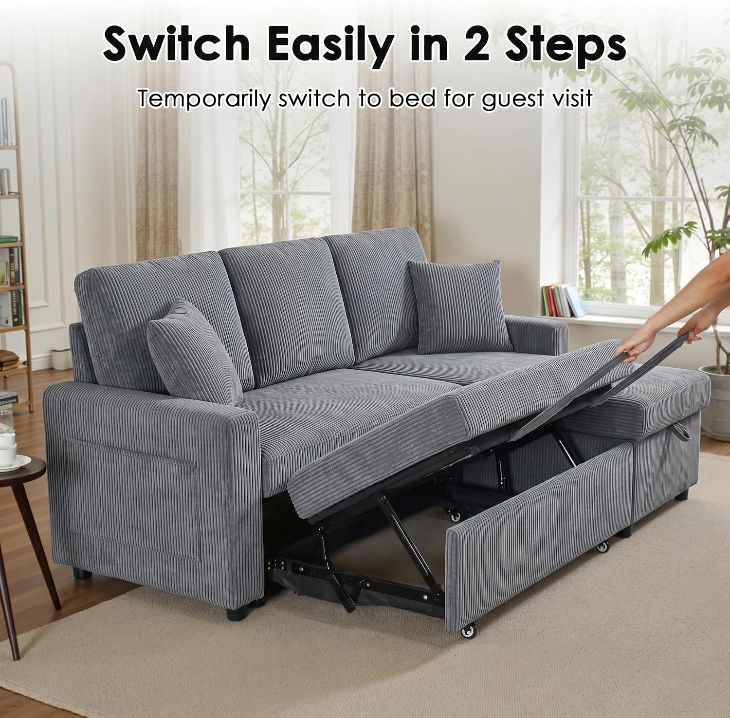 86in Reversible Sectional Sofa Couch, Sleeper Sofa Bed with Storage Chaise Pull Out Couch for Living Room (Ashgrey)