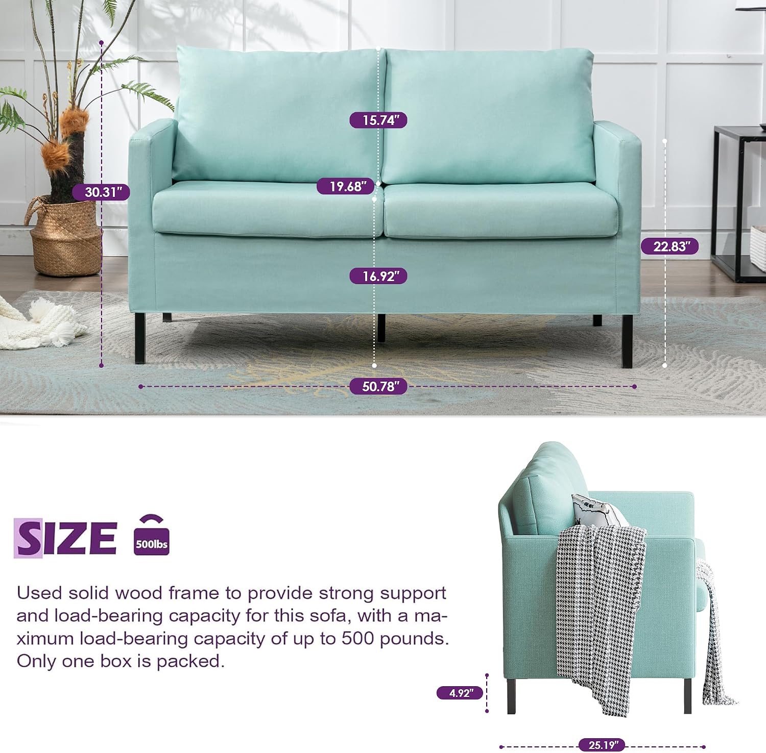 TYBOATLE 51' W Linen Fabric Upholstered Modern Loveseat Sofa Couch for Living Room, Love Seats 2-Seater Furniture w/Iron Legs for Compact Space, Apartment, Bedroom, Dorm, Office, Aqua Blue