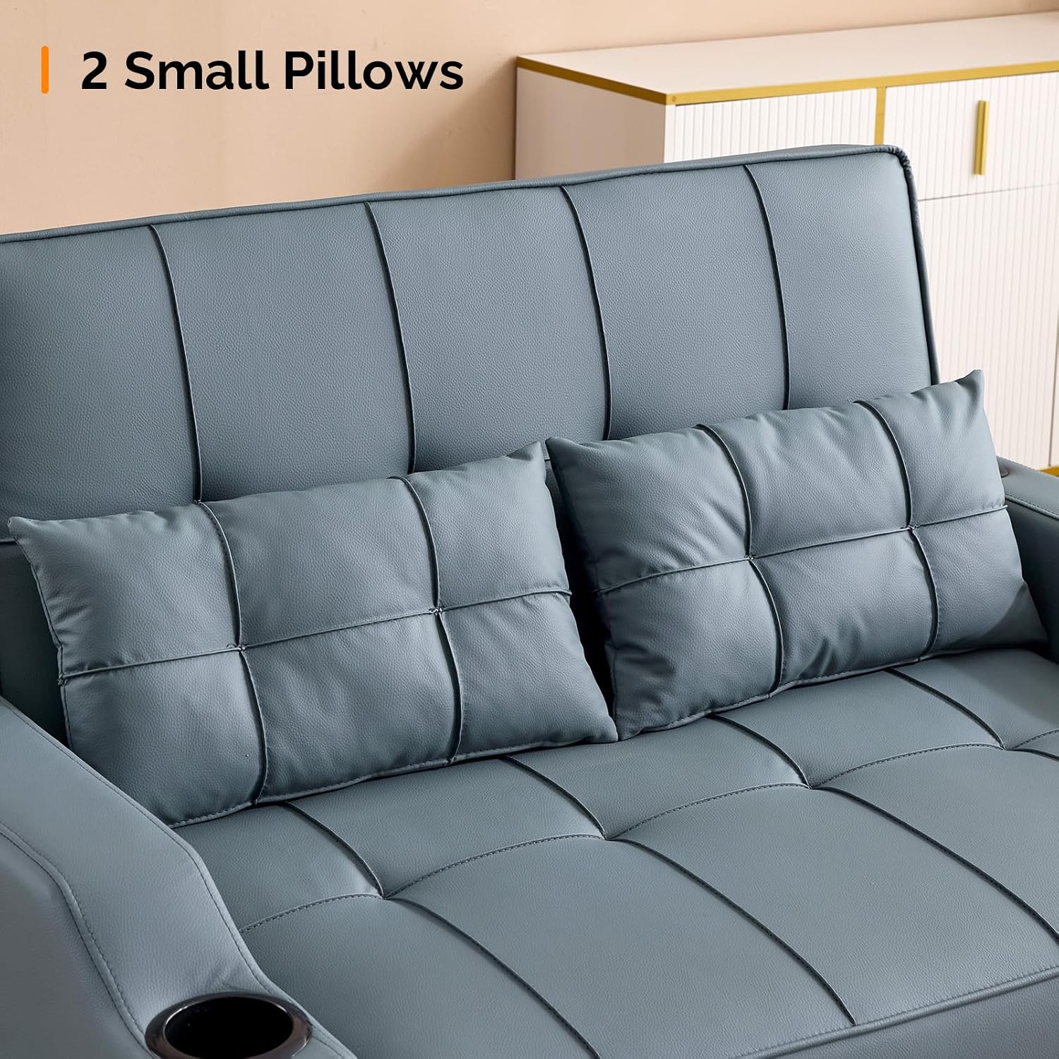 VINGLI Blue Grey Futon Sofa Bed Convertible Loveseat Sleeper Couch, Faux Leather Pullout Sofa Fold Out Couch Bed with USB Ports, Cup Holders, Armrest for Living Room, Bedroom Apartment Room
