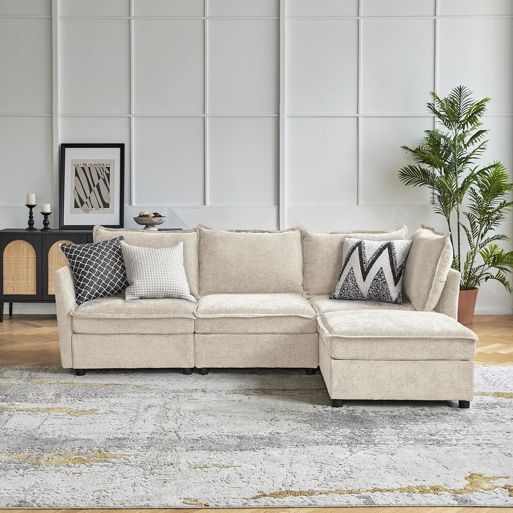 HULALA HOME 97'' Modular Sectional Sofa, L Shaped Couch with Storage Ottoman, Comfy Chenille Sofa with Deep Seat, 4 Seat Convertible Sectional Couches for Living Room, Beige