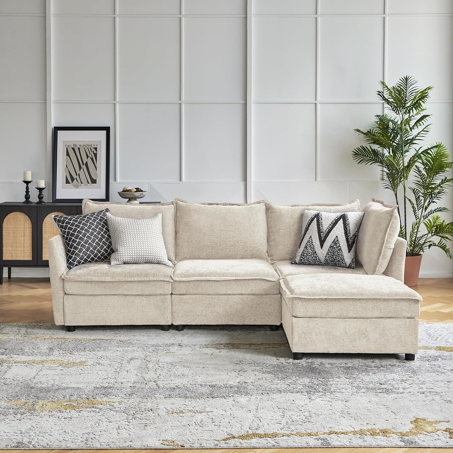 HULALA HOME 97'' Modular Sectional Sofa, L Shaped Couch with Storage Ottoman, Comfy Chenille Sofa with Deep Seat, 4 Seat Convertible Sectional Couches for Living Room, Beige