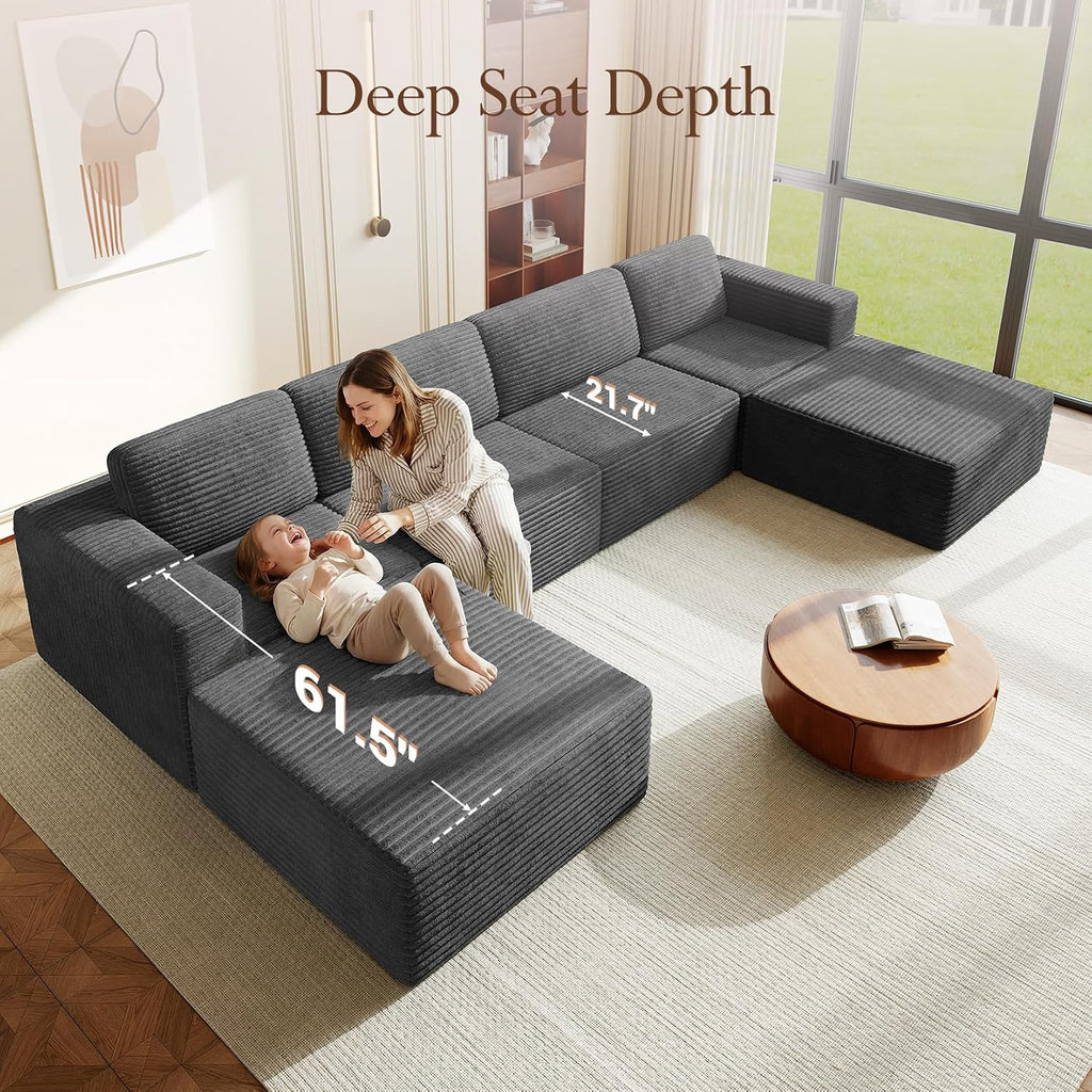 Vesgantti 159' Large Modular Sectional Sofa, U-Shaped Corduroy Cloud Couch with Deep Seats & Spring Support, 4-Seater Boneless Sofa with 2 Movable Ottomans, No Assembly Needed, Grey