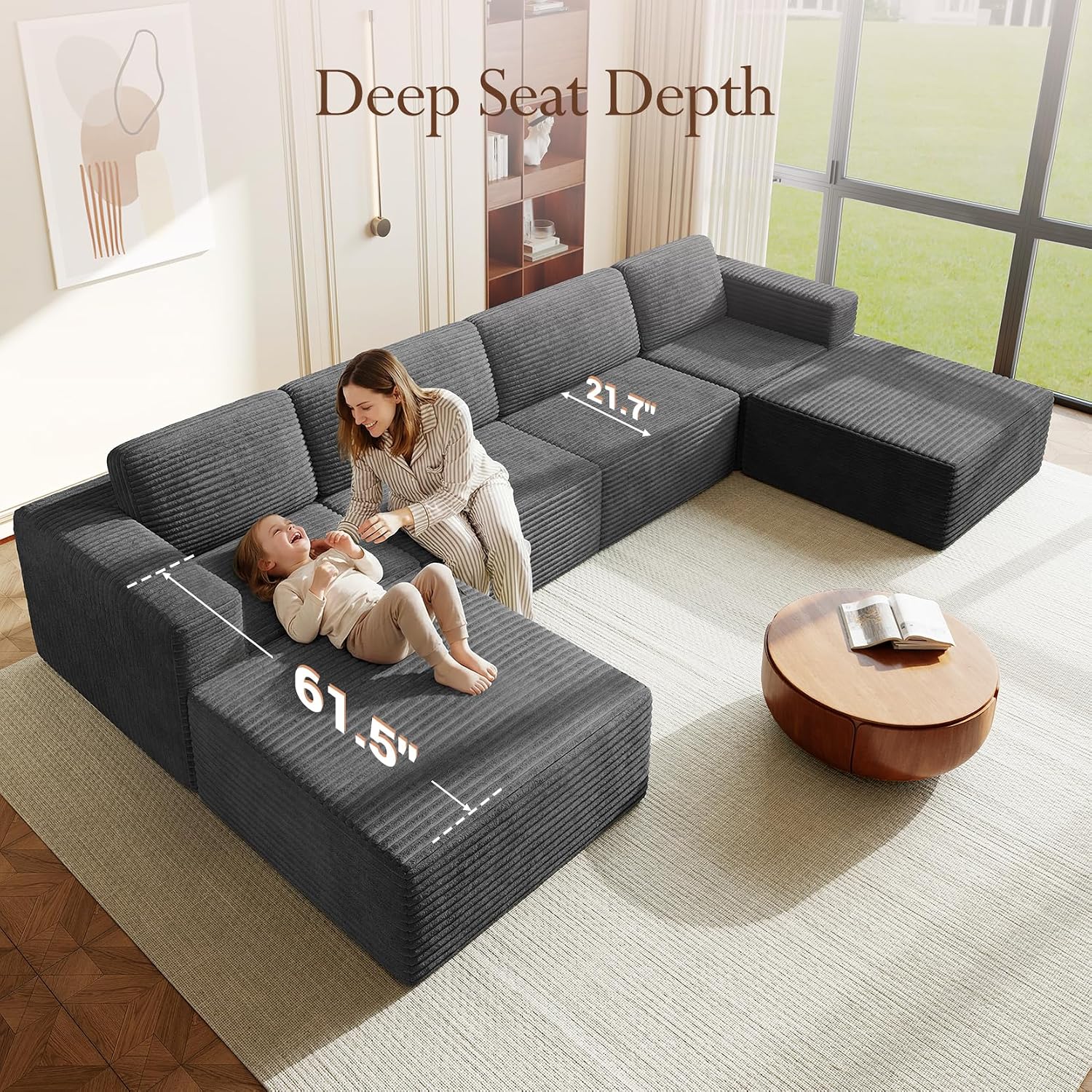 Vesgantti 159' Large Modular Sectional Sofa, U-Shaped Corduroy Cloud Couch with Deep Seats & Spring Support, 4-Seater Boneless Sofa with 2 Movable Ottomans, No Assembly Needed, Grey