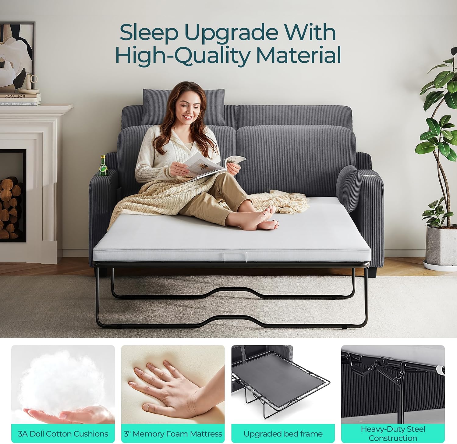 LINSY HOME Pull Out Sofa Bed - Convertible Loveseat Sleeper Sofa, Upgraded Bed Frame Pullout Couch - USB Charging & Cup Holders, Corduroy Sofa Bed for Living Room Small Space, Queen Size (Grey)