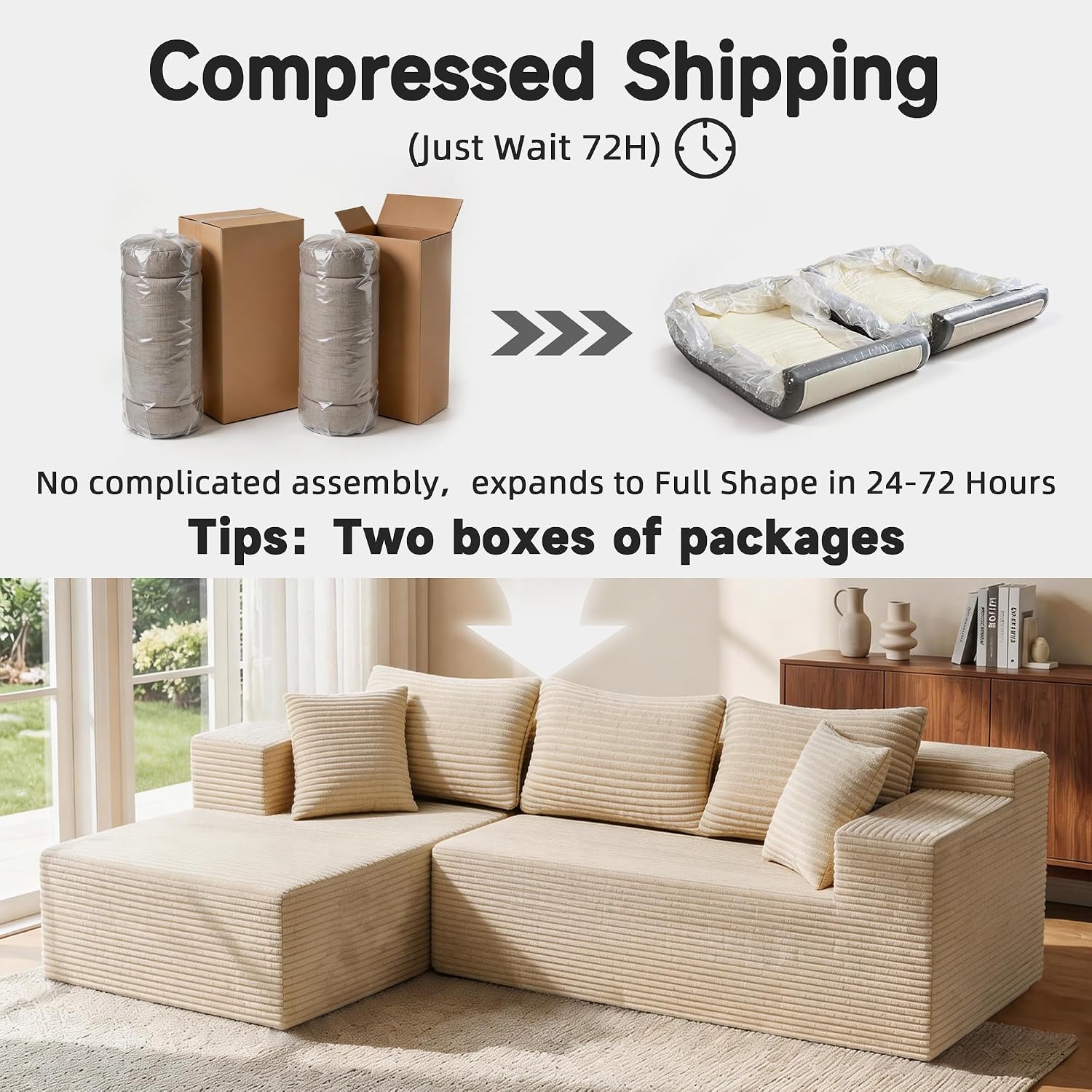 Bashaw 108' Modular Sectional Sofa Couches with Chaise, L-Shape Boneless Couch Deep Seat Upholstered Boneless Sectional Couch for Living Room (Beige, 108' Left Facing Chaise)