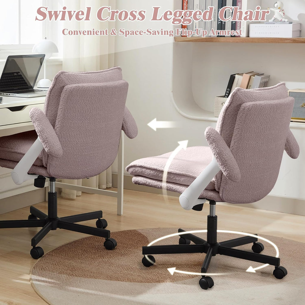 Kassipo Criss Cross Legged Office Chair with Wheels and Flip-Up Arms, Upholstered Criss Cross Desk Chair, Wide Seat Chairs for Home Office, Vanity, Apartment, Pink