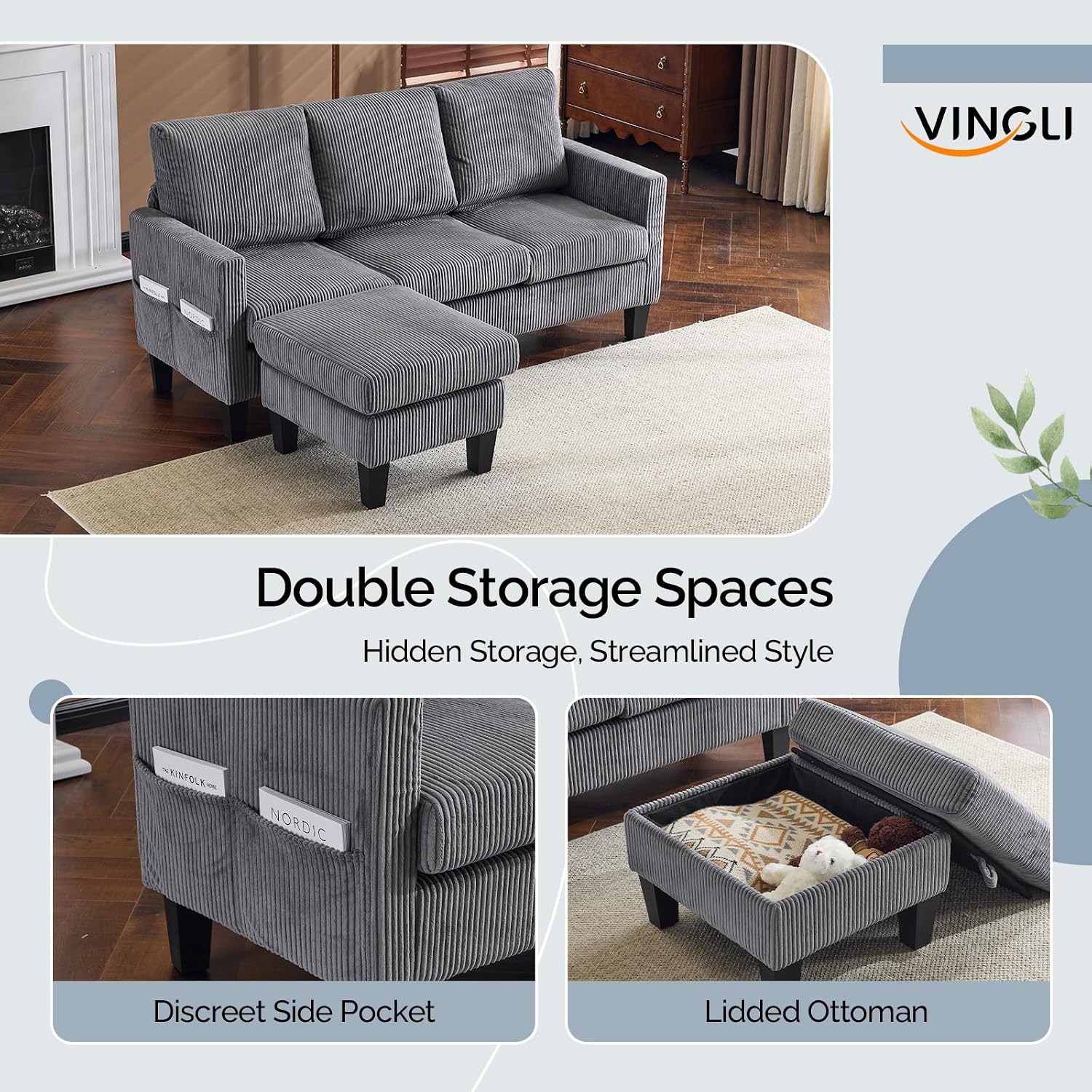 VINGLI 68.5' L Shaped Couch with Movable Storage Ottoman, Convertible Sectional Sofa in Soft Corduroy Fabric, Modern Reversible Chaise Couch for Small Spaces, Apartment, Living Room，Grey