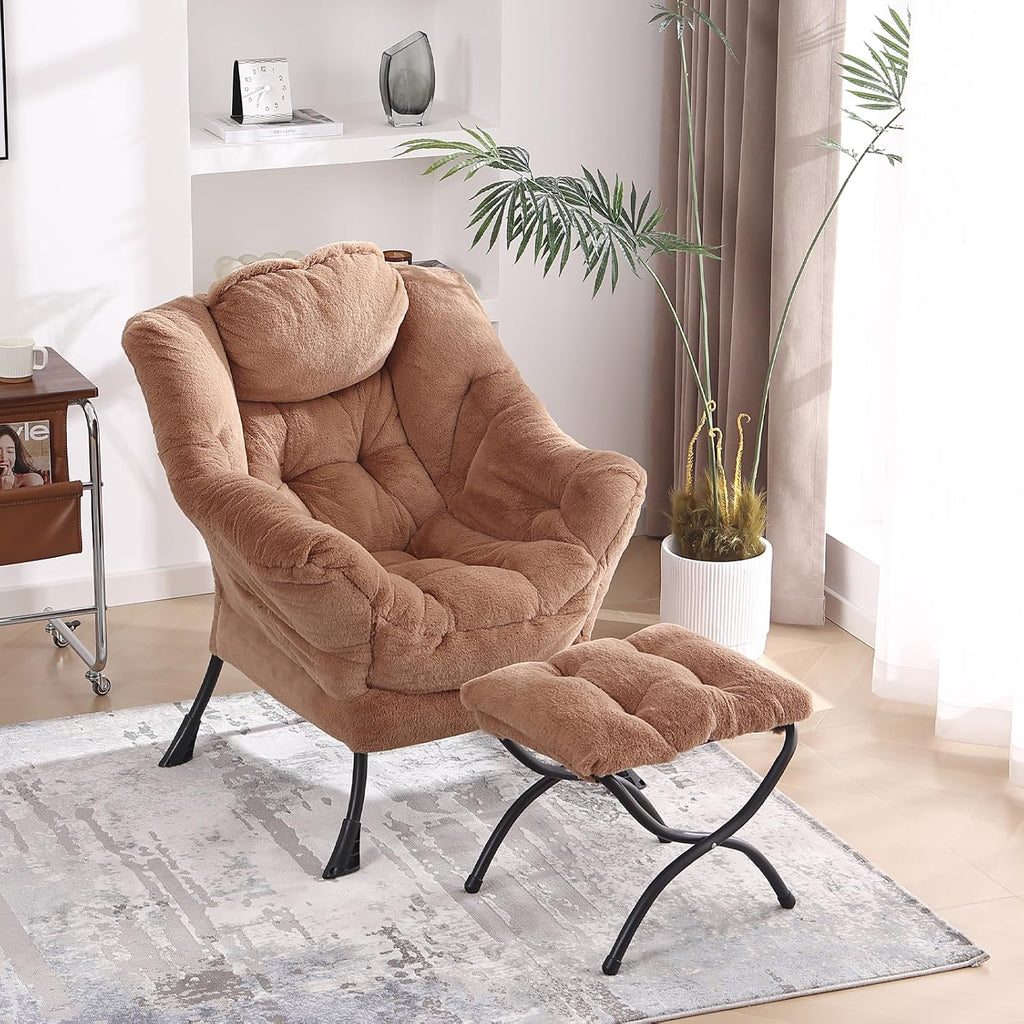 MBOOYOME Lazy Chair with Ottoman, Modern Accent Lounge Armchair with Side Pocket & Foldable Footstool, Leisure Reading Chair for Living Room, Bedroom, Dorm & Office, Plush Brown