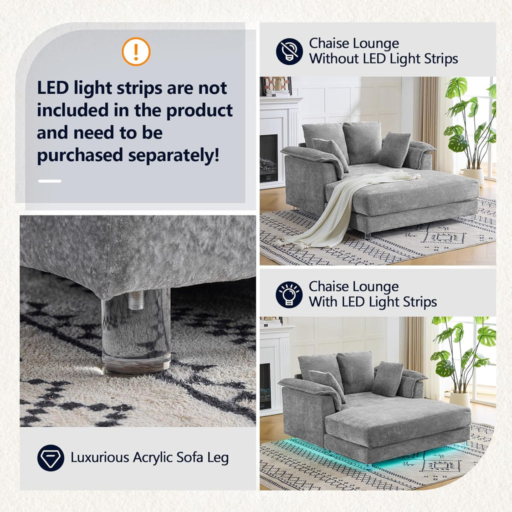 VINGLI Modern Floating Chaise Lounge Chair with Acrylic Legs, Upholstered Cushion Deep Seat Lounge Sofa with Iron-Wood KD Frame, Pillow Armrest, Accent Chair for Living Room, Play Room Apartment