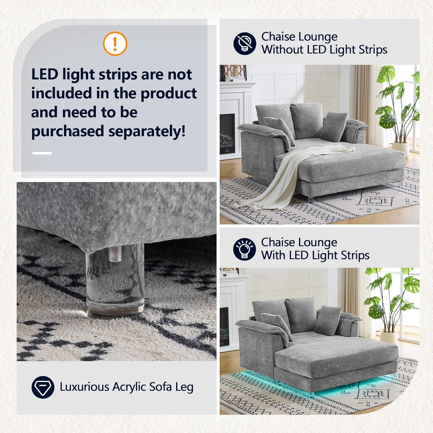 VINGLI Modern Floating Chaise Lounge Chair with Acrylic Legs, Upholstered Cushion Deep Seat Lounge Sofa with Iron-Wood KD Frame, Pillow Armrest, Accent Chair for Living Room, Play Room Apartment