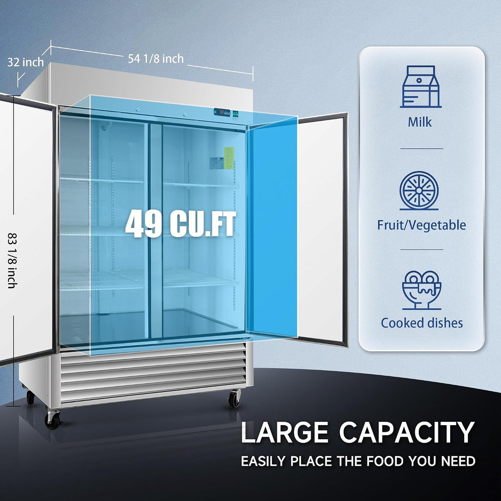 DeepTide 54' W Commercial Refrigerator with Double-Door: 49 Cubic Feet Storage, Adjustable Shelving, Automatic Defrosting, Precision Digital Thermostat, LED Lights, Safety Locks