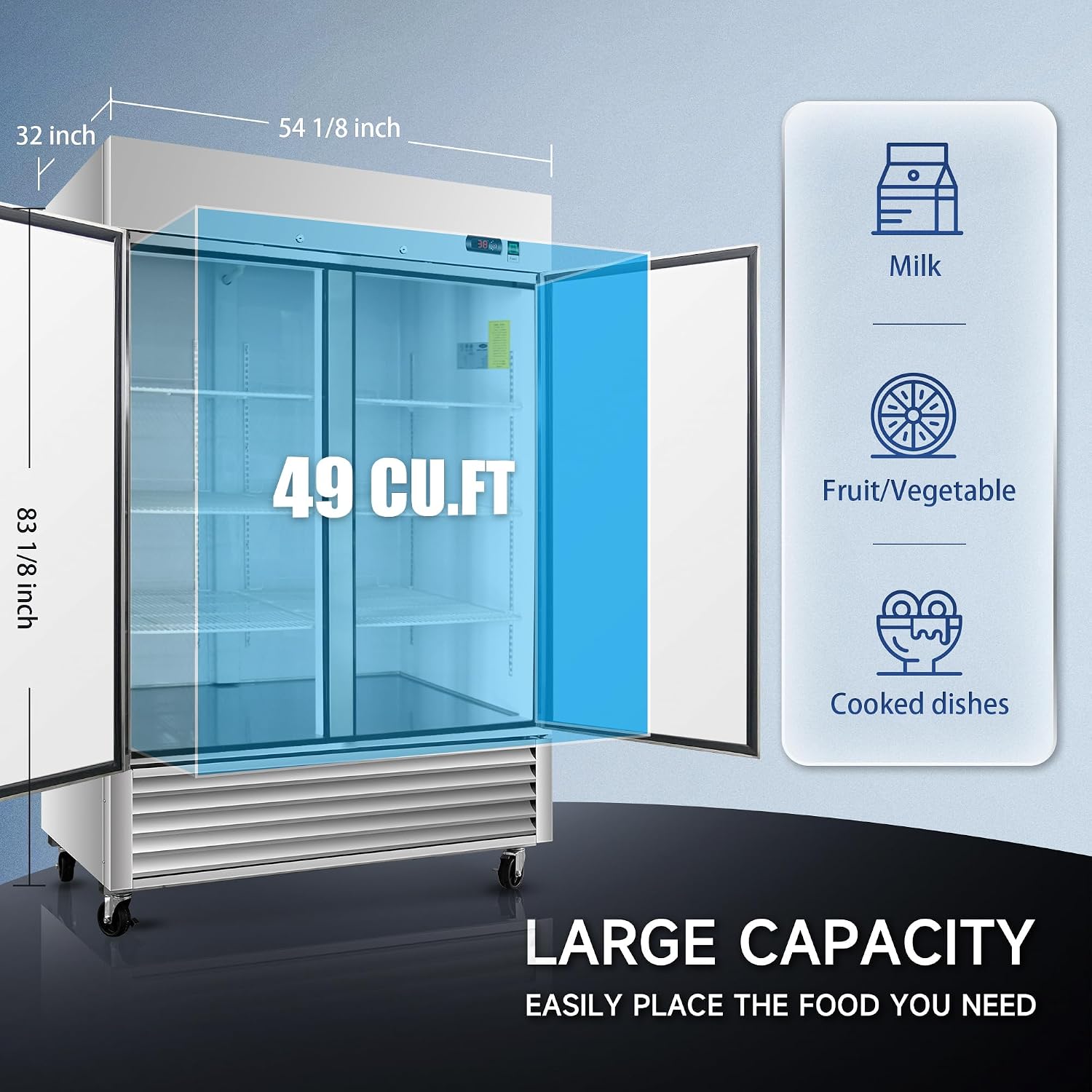 DeepTide 54' W Commercial Refrigerator with Double-Door: 49 Cubic Feet Storage, Adjustable Shelving, Automatic Defrosting, Precision Digital Thermostat, LED Lights, Safety Locks