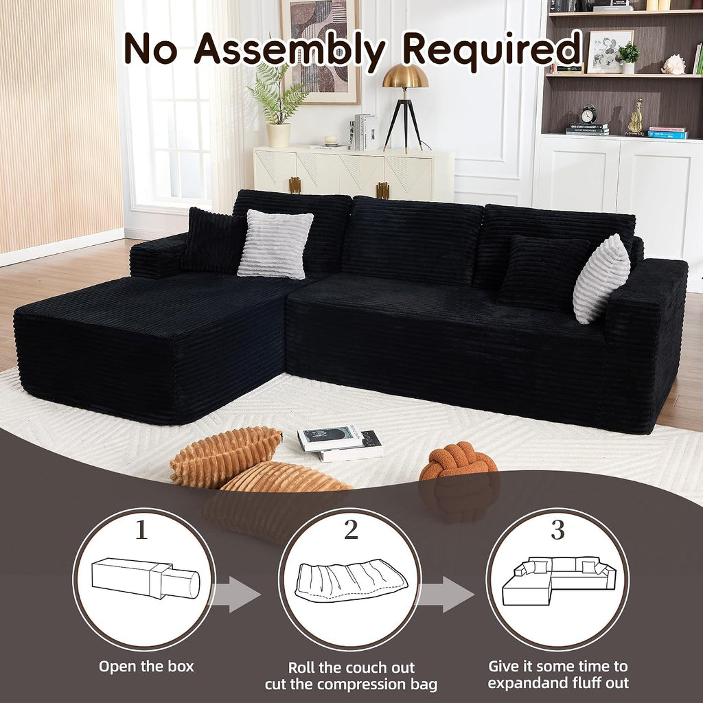Opiesit 108' Boneless Couches for Living Room, Modular Sectional Sofa with Oversized Chaise, L-Shape Cloud Couch with Deep Seat, High-Density Memory Foam, No Assembly Required, Plush Corduroy Black