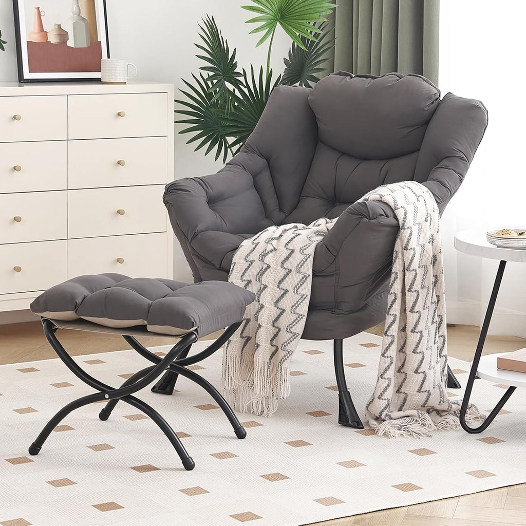 Furlide Lazy Chair with Ottoman, Modern Chair with Folding Footrest, Dark Grey Accent Chair, Comfortable Reading Chair, Oversized Armchairs for Bedroom, Study, Living Room, Courtyard