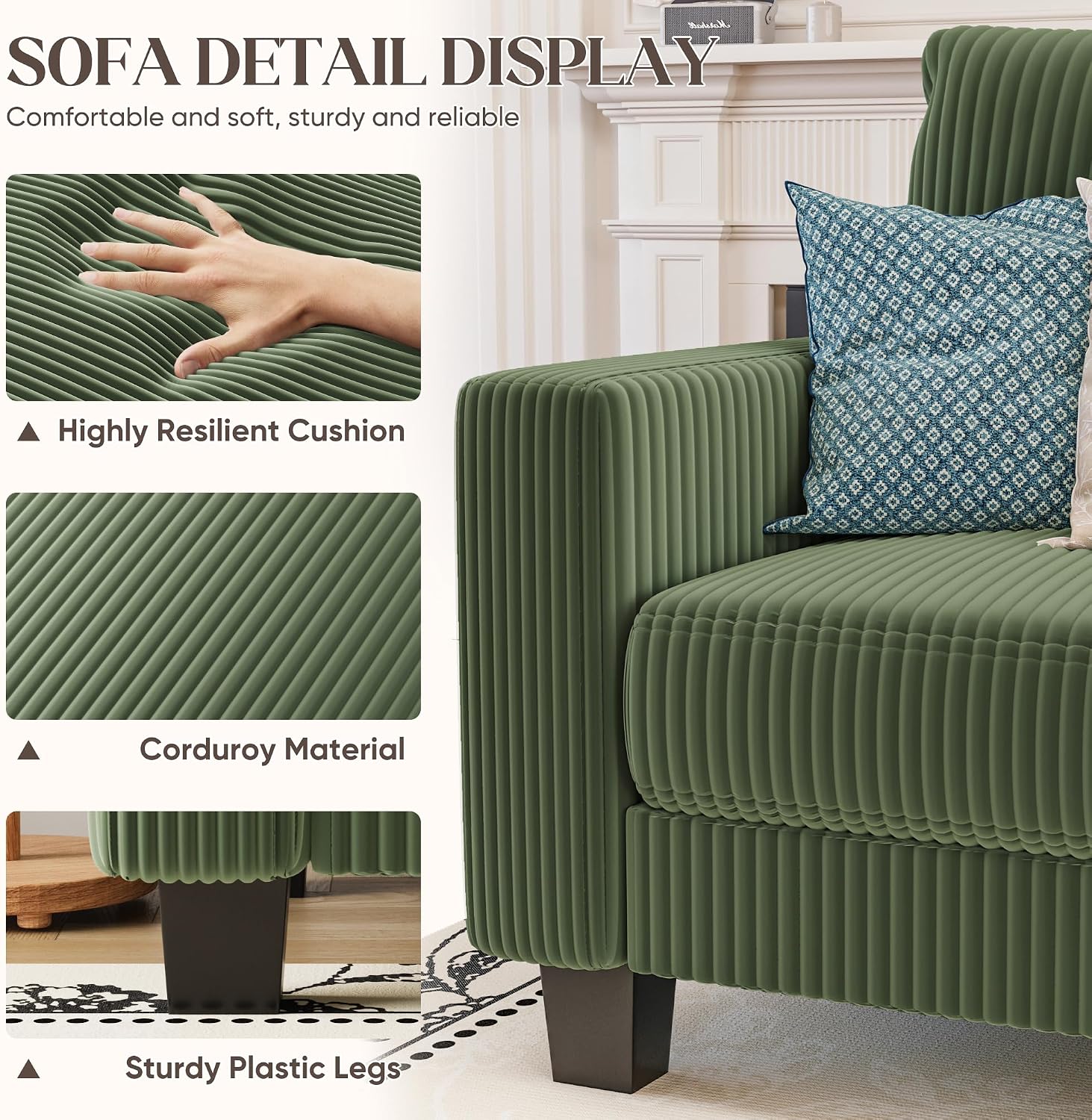 YESHOMY Convertible Sectional Couch, Couches with Mobile Ottoman, Small Sofa L-Shaped 3 Seater with Corduroy Fabric for Living Room, Apartment and Office, 70', Olive Green