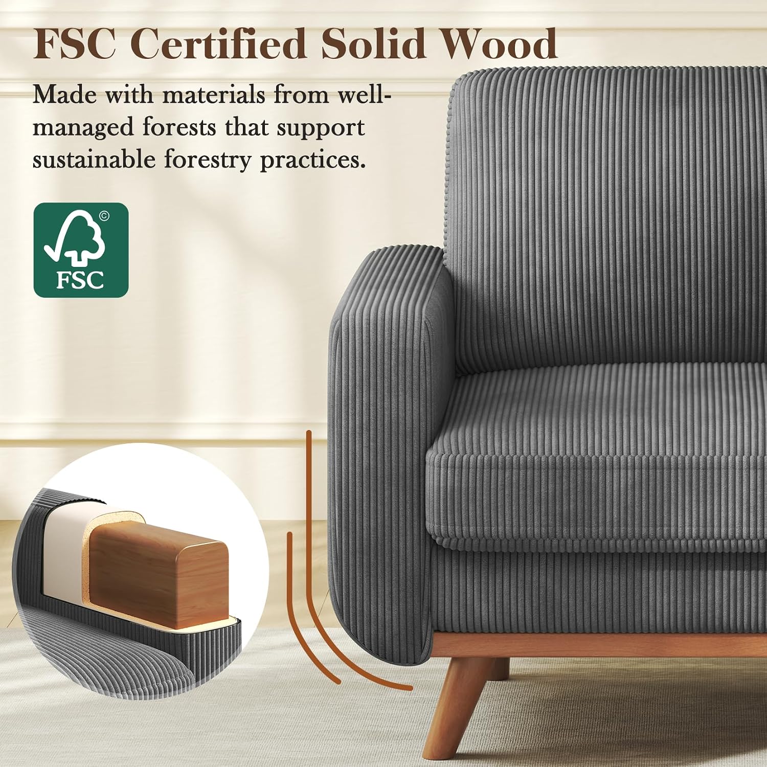 Vesgantti 38.5' Accent Chair Dark Gray, Comfy Corduroy Single Sofa Seat with Spring Cushion, Upholstered Armchair with Deep Seat, Reading Chair for Adults, Modern Sofa for Living Room, Bedroom