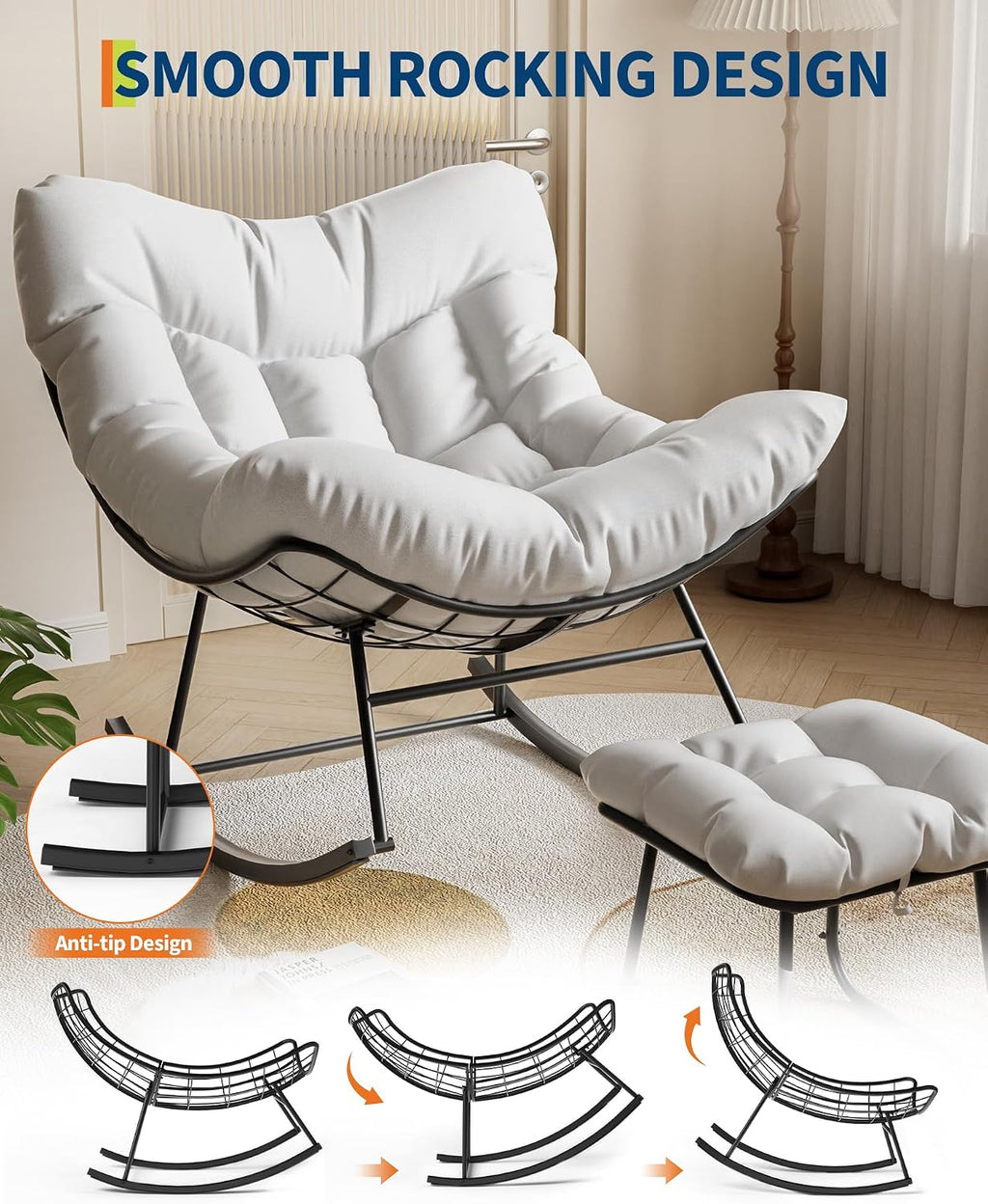 Oversized Papasan Rocking Chair with Ottoman - Durable Handwoven Egg Chair, Soft Cushion & Metal Frame for Patio, Bedroom, Living Room