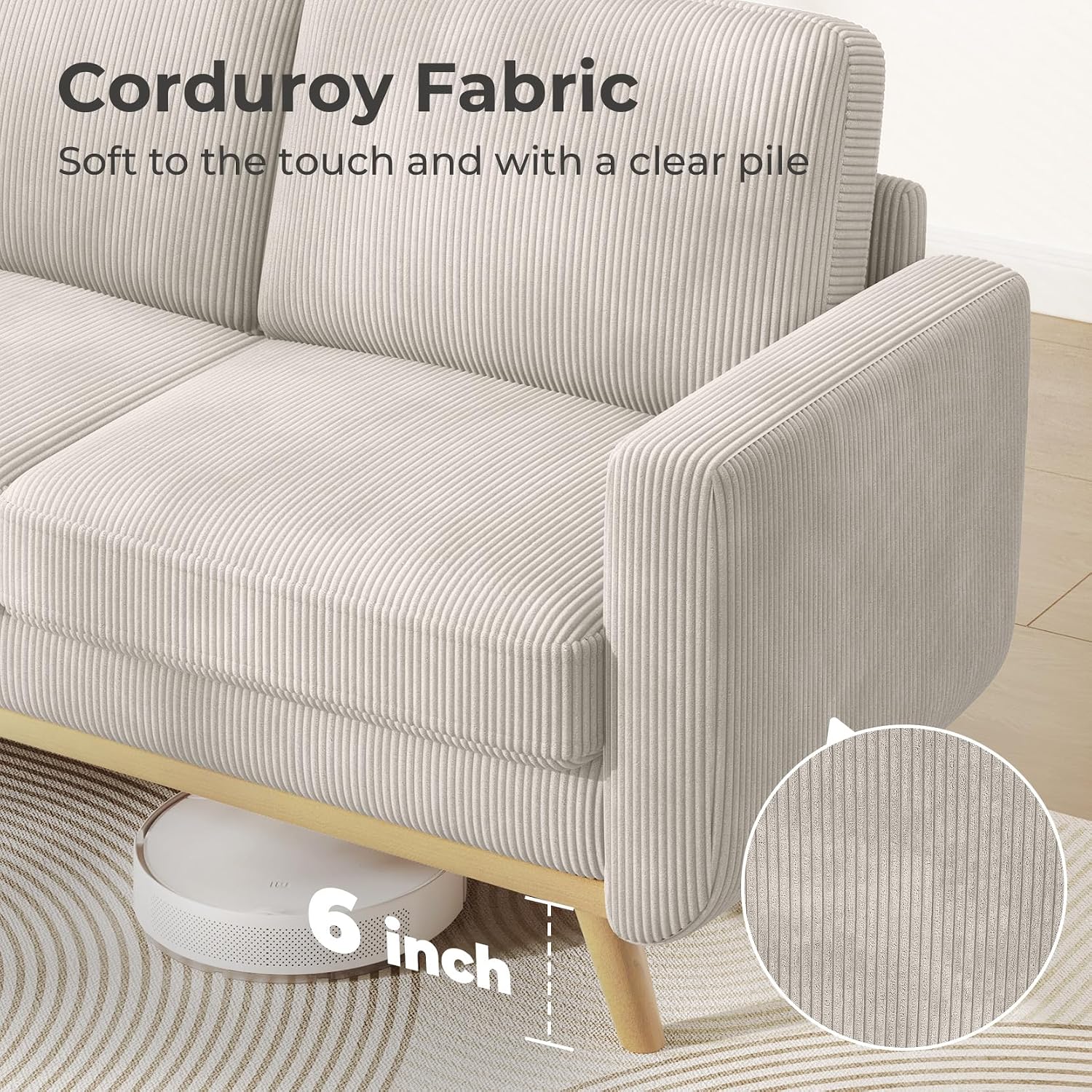 Vesgantti 68' Loveseat Sofa Light Grey, Comfy Corduroy Couch with Spring Cushion and Solid Wood, Modern Deep Seat for Bedroom, Living Room, Office
