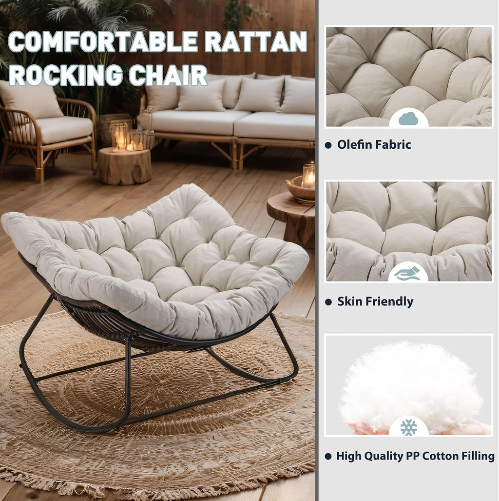 Outdoor Papasan Rocking Chair Oversized, Rattan Rocking Chair, Patio Wicker Egg Chair with Padded Cushion, Rocker Egg Chair for Living Room, Patio, Front Porch, Backyard