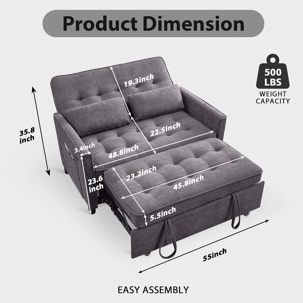 Convertible Sofa Bed, 3 in 1 Pull Out Couch, Loveseat Sleeper with Side Pocket, Living Room Sofa with Adjustable Backrest | USB Charging Port | Two Pillows | Fabric | Dark Gray