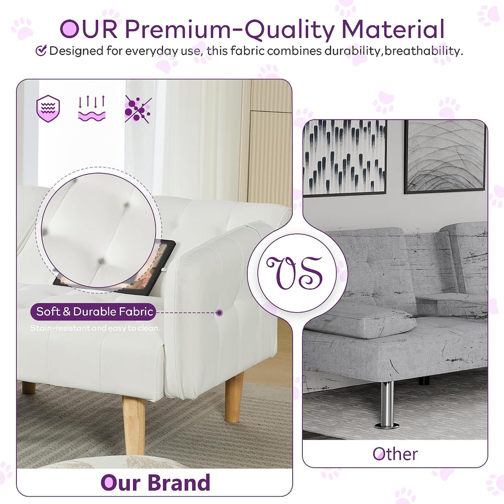 TYBOATLE Modern White Faux Leather Upholstered Convertible USB Folding Futon Sofa Bed, 65' Couch, Love Seats Furniture for Small Space Configuration, Apartment, Dorm, Living Room, Office