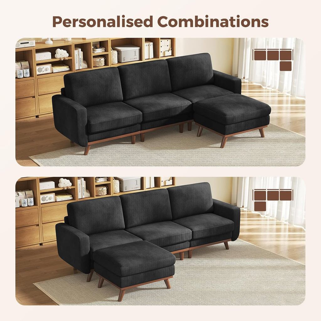 Vesgantti 97' Modular Sectional Sofa Black, L-Shaped Couch with Movable Ottoman, Comfy Corduroy Couch with Spring Cushion, Modular Sofa with Deep Seat for Living Room, Bedroom and Apartment