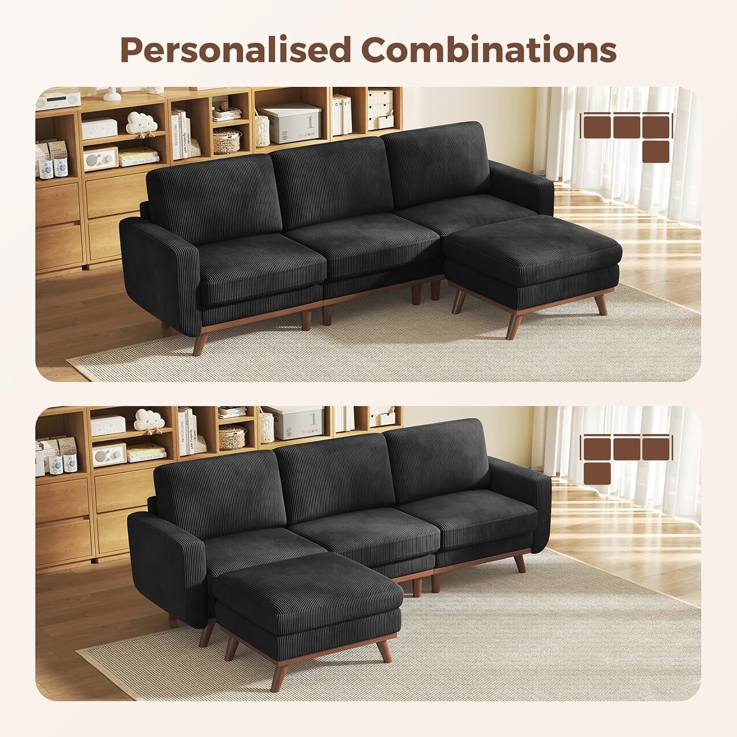 Vesgantti 97' Modular Sectional Sofa Black, L-Shaped Couch with Movable Ottoman, Comfy Corduroy Couch with Spring Cushion, Modular Sofa with Deep Seat for Living Room, Bedroom and Apartment