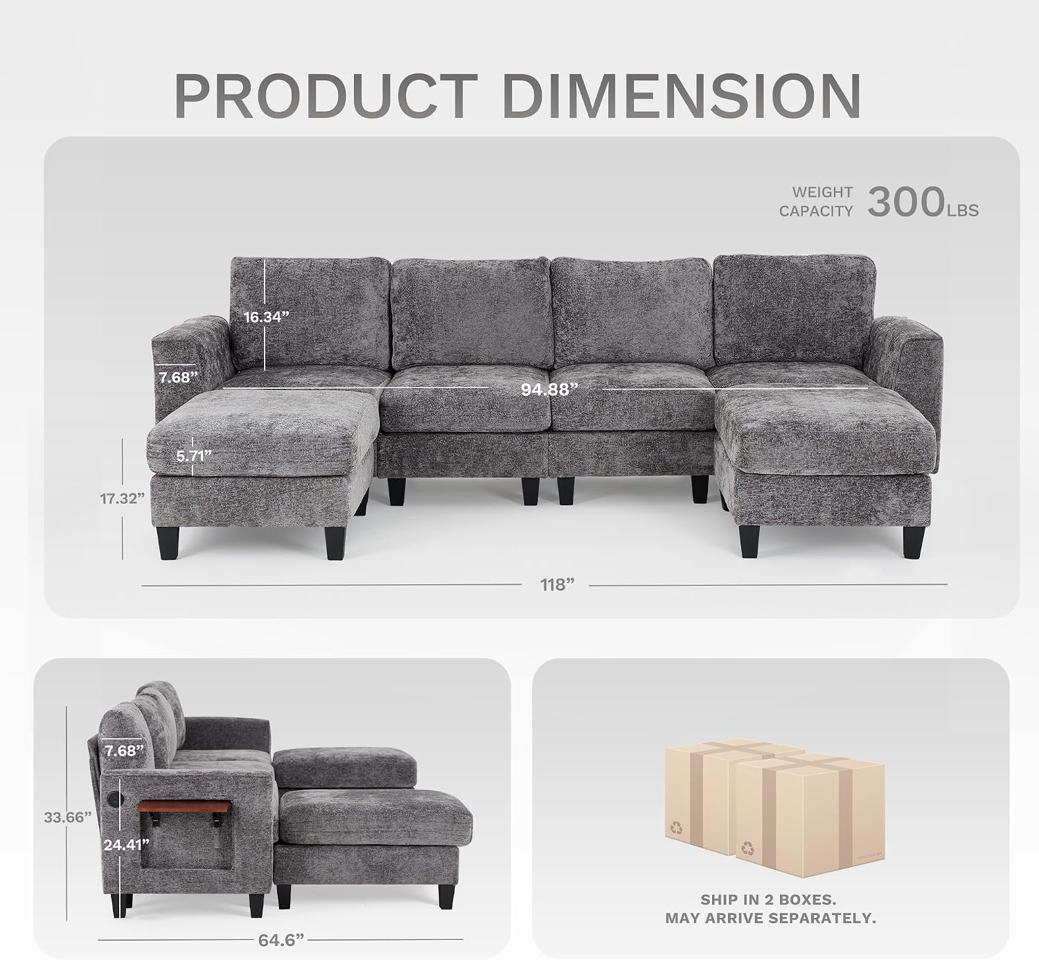 MALOL 118' U-Shaped Sectional Couch, 4-Seat Modular Sofa with USB Type C Ports, 2 Ottomans and Foldable Side Table, Grey for Living Room