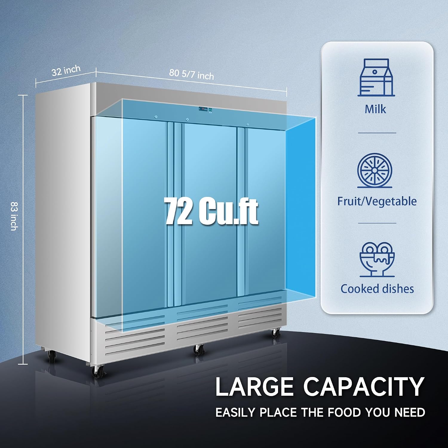 DeepTide 81' W Commercial Upright Refrigerator with Three-Door: 68 Cubic Feet Storage, Adjustable Shelving, Automatic Defrosting, Precision Digital Thermostat, LED Lights, Safety Locks