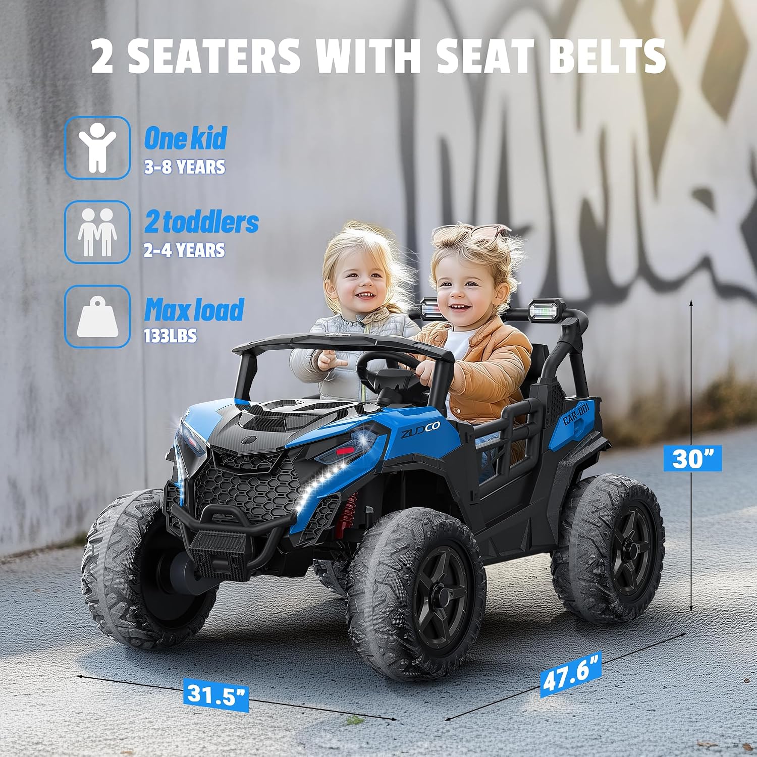 ARBELI 24V 2 Seater Ride on Car Truck 4x200W, EVA Tires, 4WD/2WD, Rainbow Lights, Remote Control, Shock Absorbers, Bluetooth, Ride on Toy for Big Kids Ages 3-8, Blue