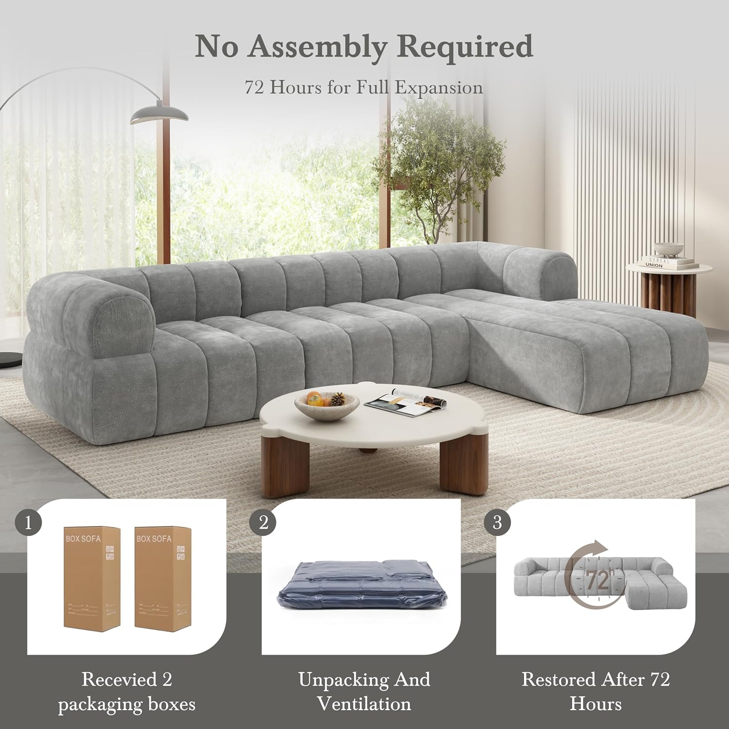 Christopher Knight Home Mania 122' Modular L-Shape Sofa Couch with Chaise Lounge, Modern Sectional Sofa Set for Living Room, Boucle Fabric Upholstered Cloud Couch with Deep Seat, Gray