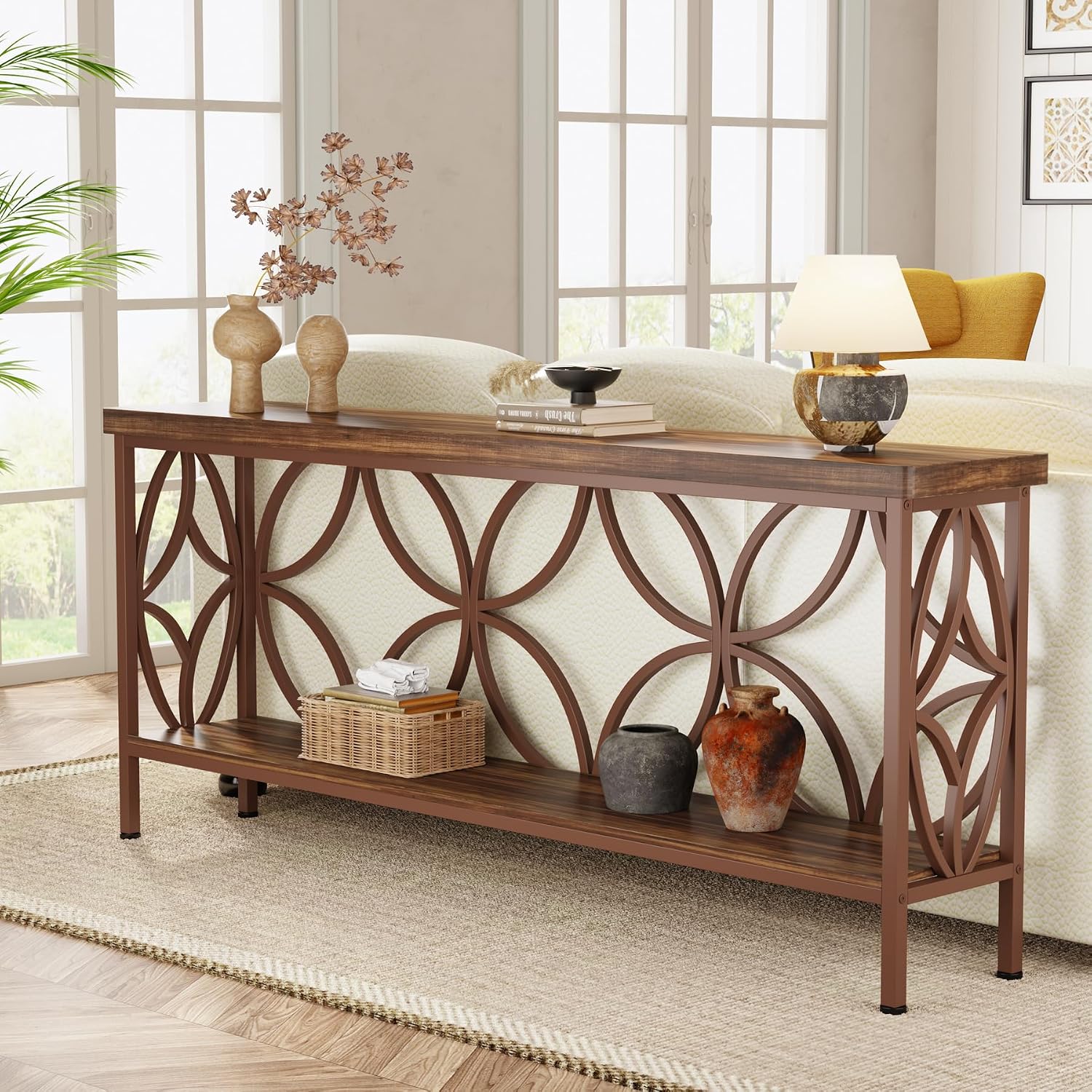 Tribesigns 70.9-Inch Narrow Sofa Table, Industrial Long Sofa Table Behind Couch, Entry Console Table with Storage for Entryway, Living Room, Foyer, Unique Design, Brown Glossy