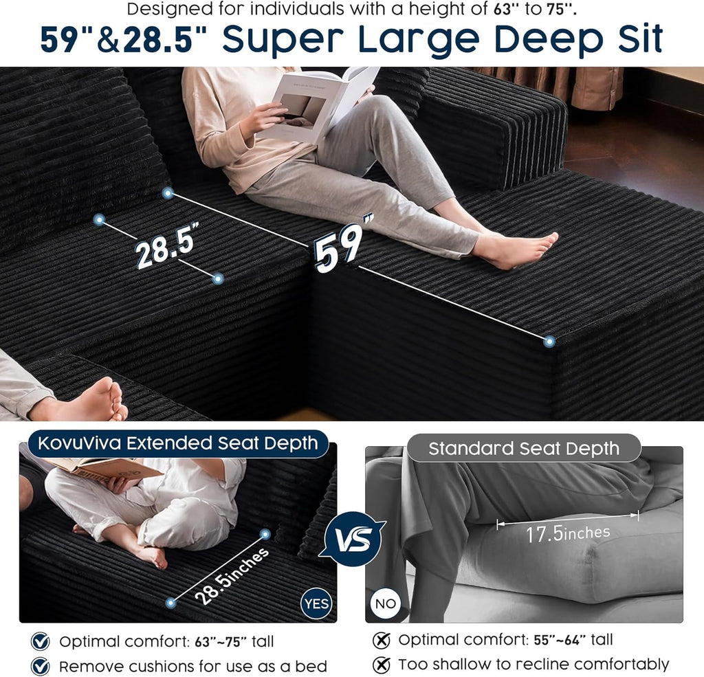 Black Sectional Couch with Ottoman, 108' Cloud Modular Couch for Living Room, Modern U-Shaped Sofa, No Assembly Required - Plush Corduroy Fabric & Deep Seat Comfort (Left Facing Chaise)