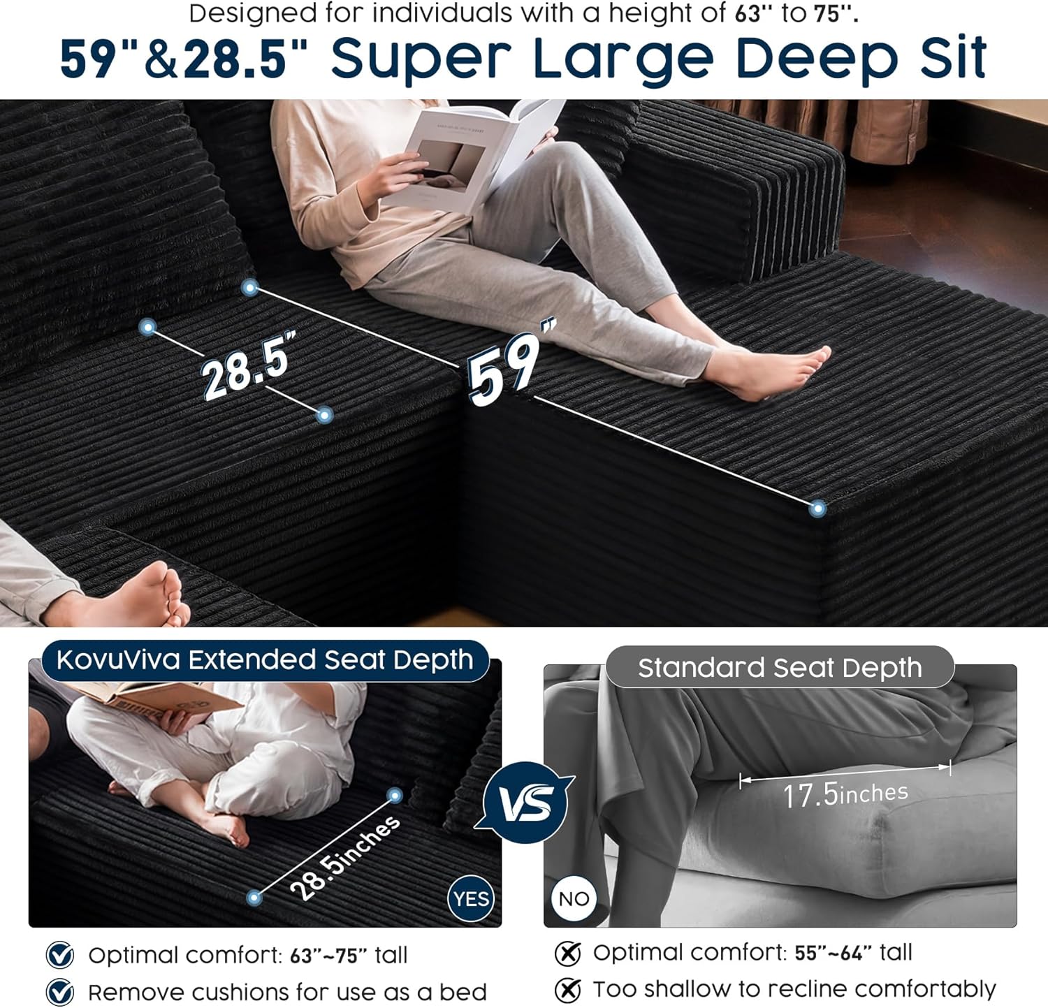 Black Sectional Couch with Ottoman, 108' Cloud Modular Couch for Living Room, Modern U-Shaped Sofa, No Assembly Required - Plush Corduroy Fabric & Deep Seat Comfort (Left Facing Chaise)