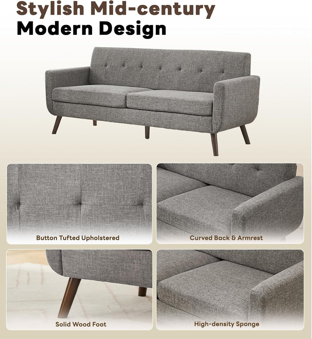 Tbfit 77.2' W Linen Sofa Couch, Mid Century Modern Decor Loveseat Couches for Living Room, Button Tufted Upholstered Small Couch for Bedroom, Solid, and Easy to Install Love Seats Furniture, Grey