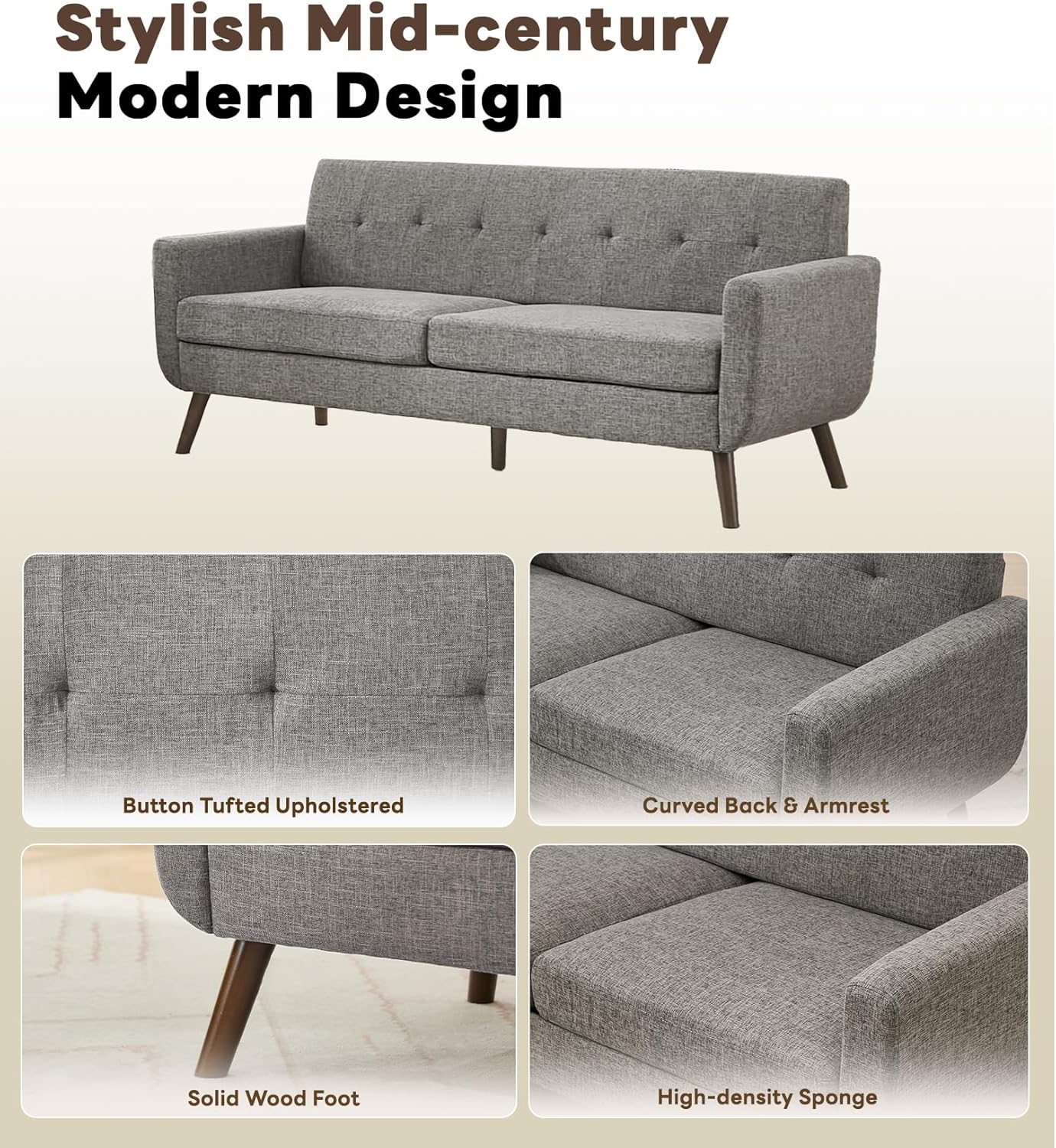 Tbfit 77.2' W Linen Sofa Couch, Mid Century Modern Decor Loveseat Couches for Living Room, Button Tufted Upholstered Small Couch for Bedroom, Solid, and Easy to Install Love Seats Furniture, Grey