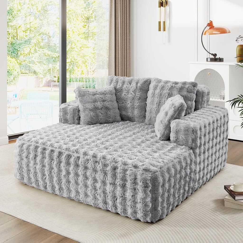 JEEOHEY 56'W Oversized Chaise Lounge Chair Indoor,Plush Faux Fur Sleeper Couch Sofa Bed with Pillows,Fluffy Comfy Cloud Sofa,Compression Foam Boneless Couch for Living Room,Bedroom(Bubble, Light Grey)