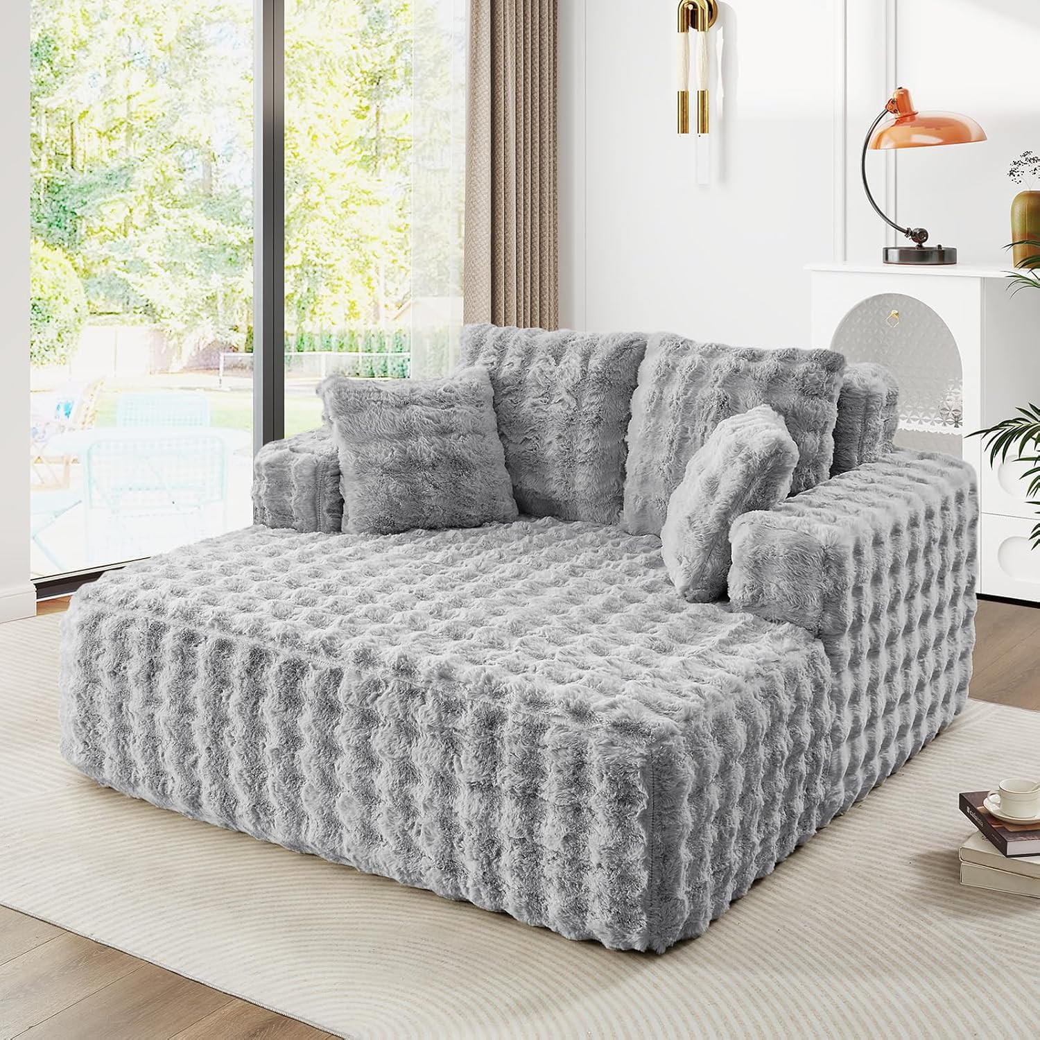 JEEOHEY 56'W Oversized Chaise Lounge Chair Indoor,Plush Faux Fur Sleeper Couch Sofa Bed with Pillows,Fluffy Comfy Cloud Sofa,Compression Foam Boneless Couch for Living Room,Bedroom(Bubble, Light Grey)