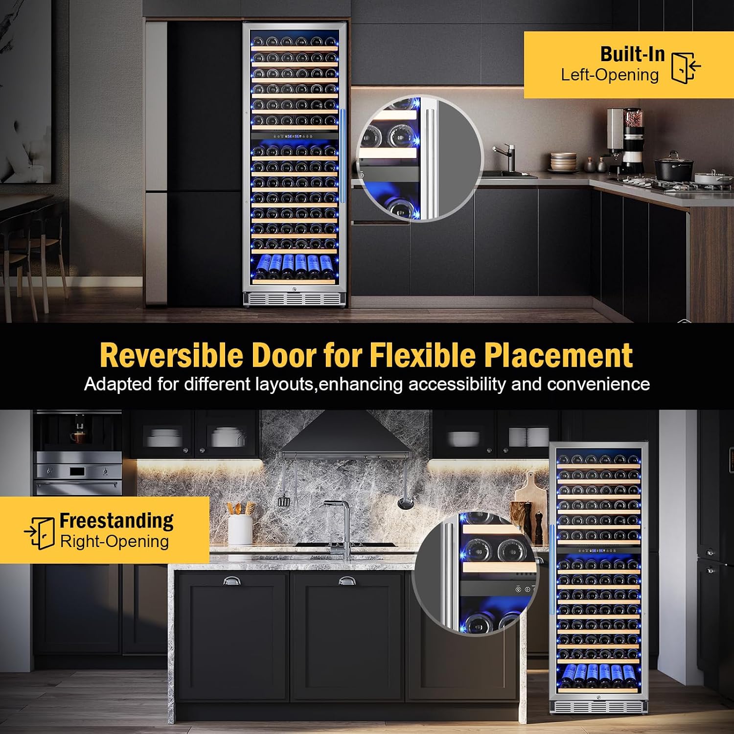 FoMup Wine Cooler Refrigerator 24 Inch, 180 Bottles Large Wine Fridge Dual Zones, Tall Freestanding/Built-in Wine Cellar Professional with Reversible Door Sliding Rail Shelves