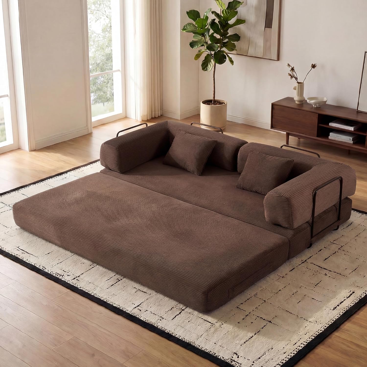 ZEIINPA Convertible Sleeper Sofa Bed, Corduroy Floor Couch with Fixed-Shape Frame, Comfy Modular Floor Sofa with Pull Out Bed, Sleeper Loveseat Boneless Couch for Living Room, Brown