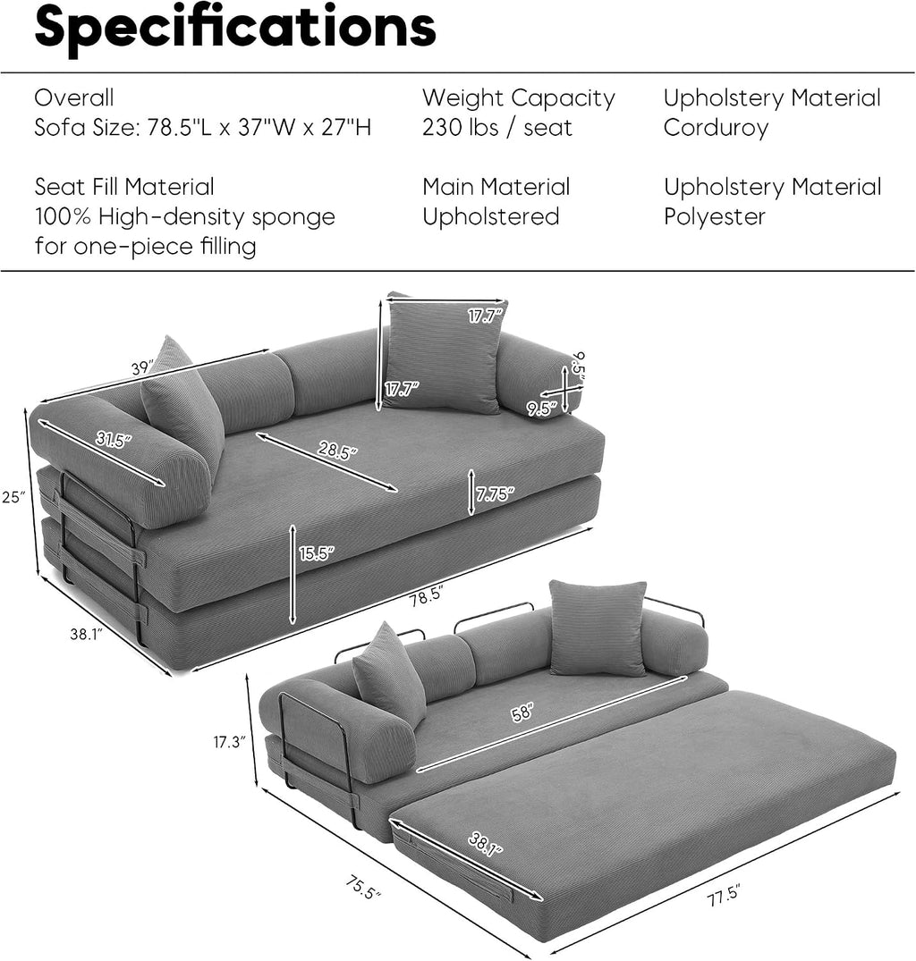ZEIINPA Convertible Sleeper Sofa Bed with Cylindrical Pillow, Corduroy Folding Mattress Couch with Fixed-Shape Frame, Floor Sofa Lounge Couch for Living Room Bedroom Lounge Studio-Grey