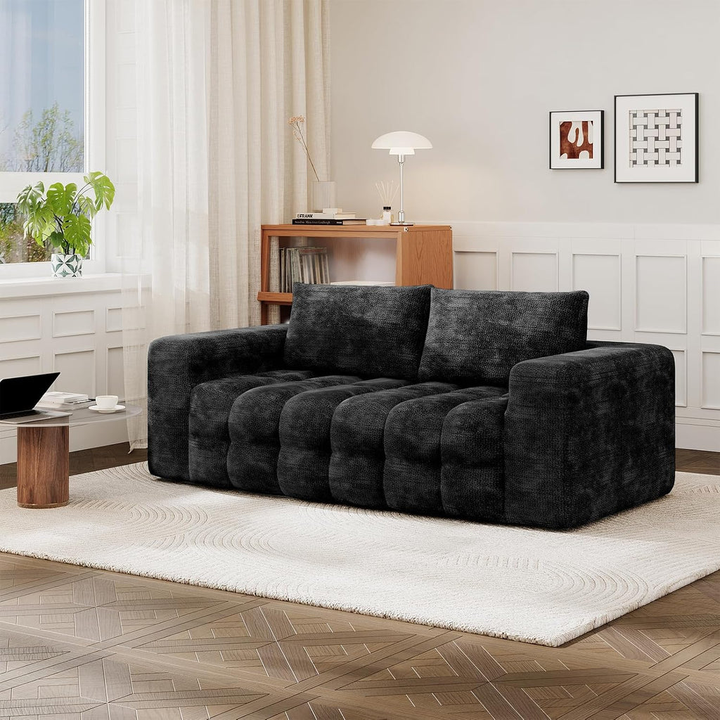 EROMMY 76'' Boneless Couch, 3 Seater Cloud for Living Room, Oversize Loveseat Sofa with Wide Armrest and 2 Back Support, No Assembly Required Chenille Soft Sofa, Black