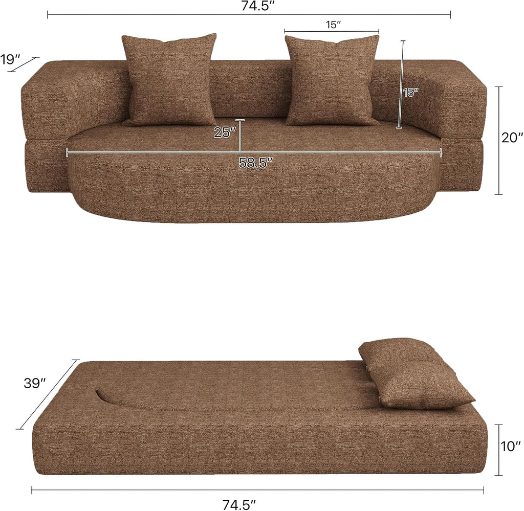 HENGJIANYI Folding Sofa Bed, Convertible Futon Sleeper Bed, 2-in-1 Foldable Floor Mattress with 2 Pillows, Breathable High-Density Foam Lazy Couch, Twin Size Comfy Lounge Chair, Brown